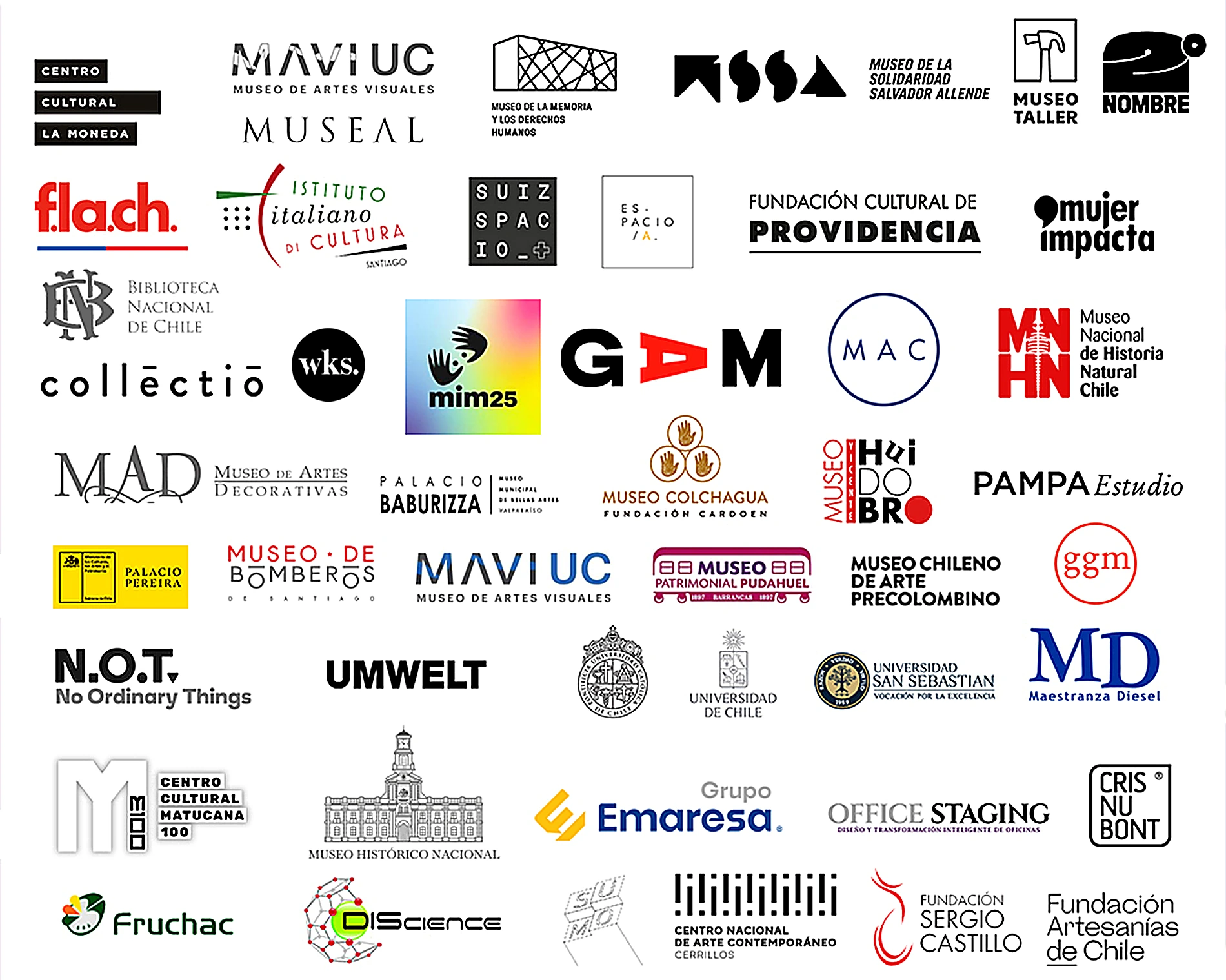 Logos de museos, universidades y fundaciones culturales que han trabajado con Fourmi