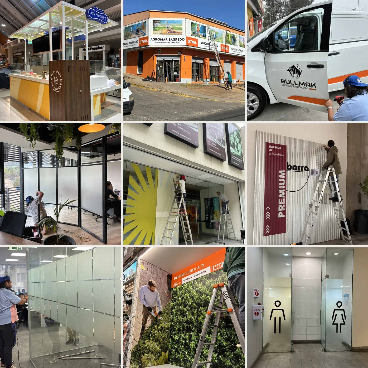 Trabajos de gráfica publicitaria de Fourmi: stand de mall, señalética de fachada, empavonado de vidrios y gráfica vehicular