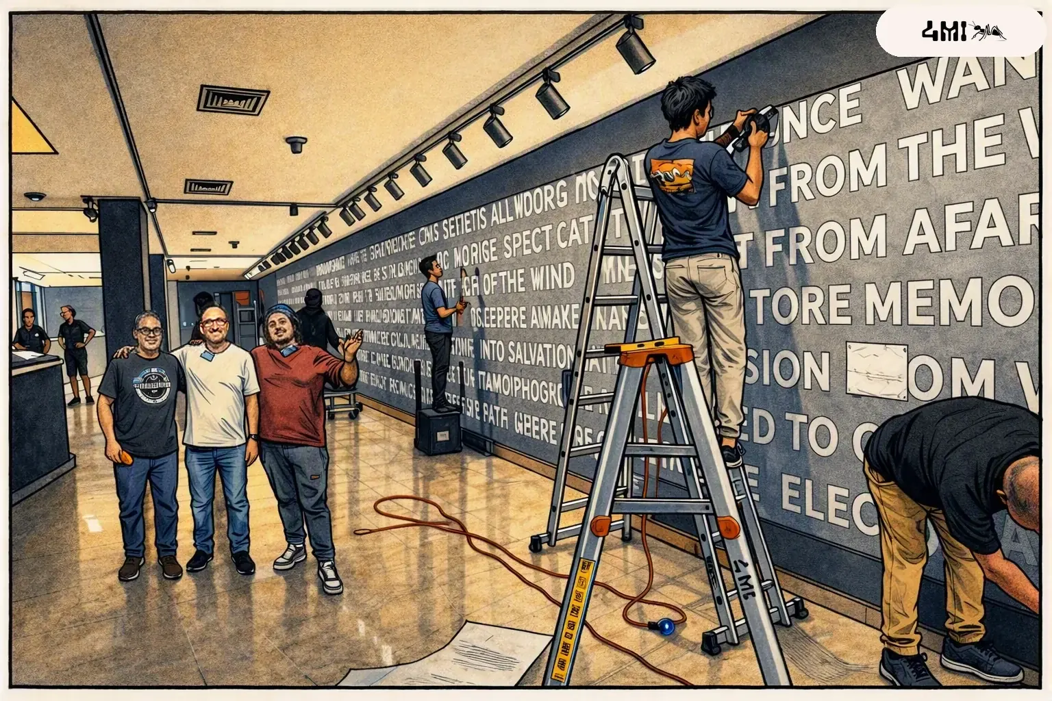Boceto del oficio: equipo de Fourmi instalando gráfica de gran formato en sala de museo